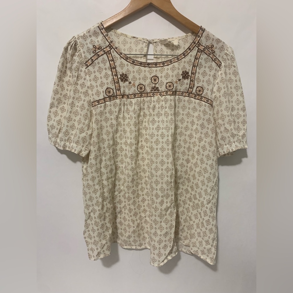 Flower and Feather Bohemian Embroidered Cream and Brown Women's Top
